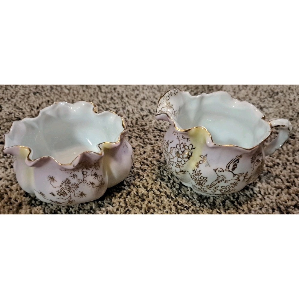 Vtg Porcelain Creamer/Sugar With Ruffled Edge Gold Trimmed Dove